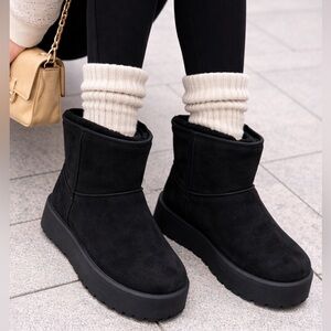 Women's Furry Faux Suede Ankle Platform Booties Black Size 7.5 NWT
